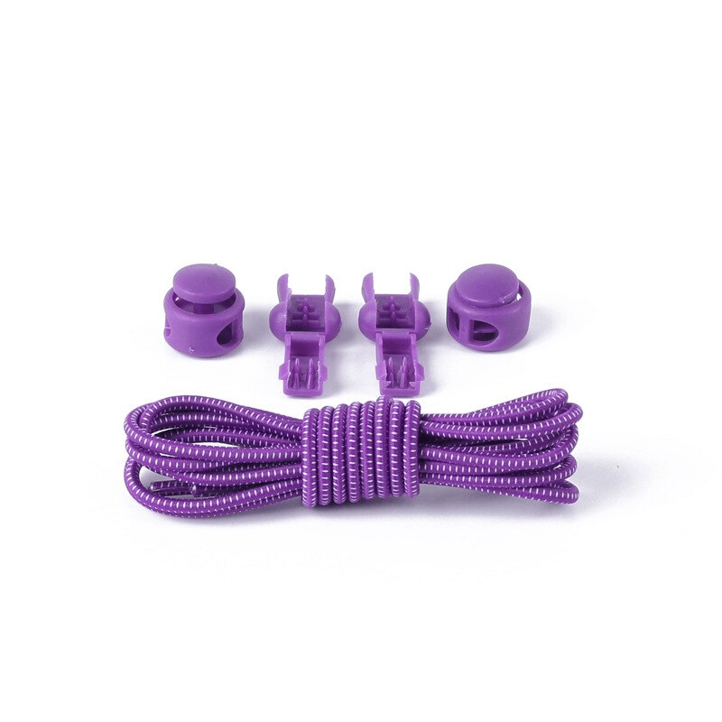 Purple elastic laces with spring buckles and tail clips for sports shoes, no-tie design, convenient and stylish shoe accessory.